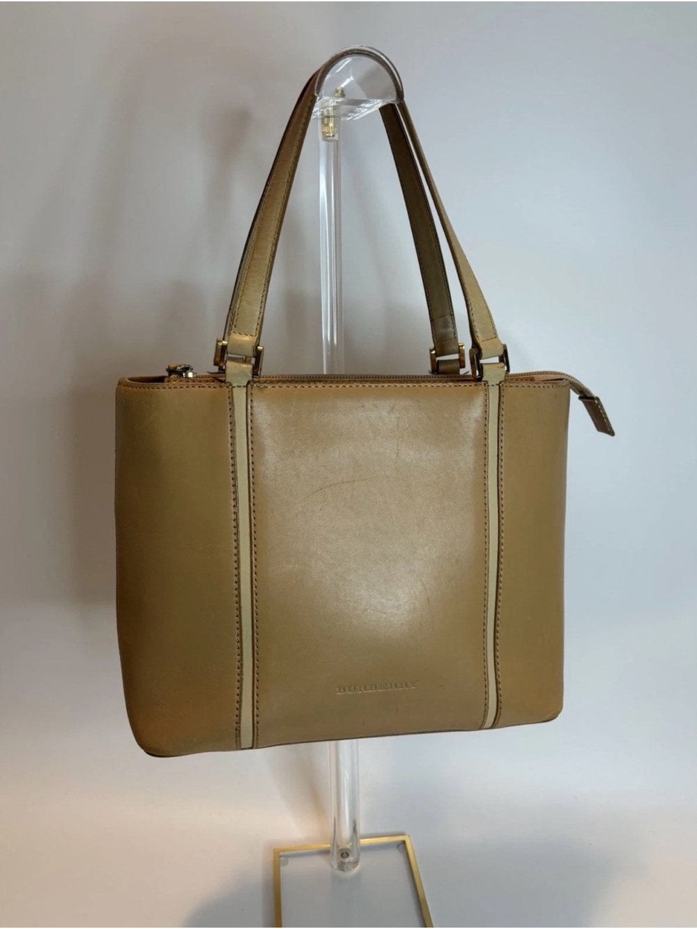 BURBERRY ($999) Classic Light Brown Leather Handbag with Nova Pattern AUTHENTIC - Picture 4 of 15